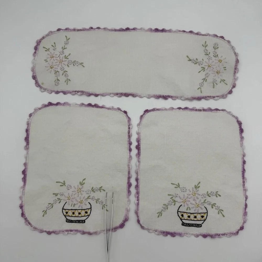 Antique 3 Piece Embroidered Linen Armchair Set‎ Textiles Antimacassar Lavender